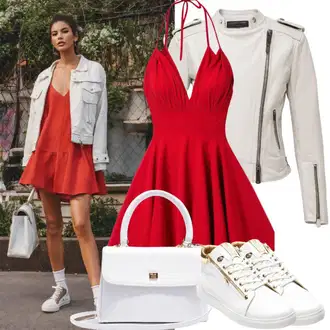 Holiday outfits Poletje mit Bela/Bež/Rjava/Krem/Khaki/Zelena Usnjene superge/Superge Nizka/Ozka superga/Superge Luknjasta/Poletne superge Furla "Glamurozna obleka z večernimi oblekami za svatebne goste in jakne"