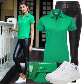 Green pants outfits "Izstopajoča oprava s krilom iz usnja in polo majico"