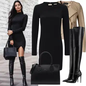 Outfiti Za Zabave Lahke mit Črna/Bela/Rumena Usnjen Škornj Čez Koleno/Škornj čez Koleno/Dolg Škorenj/Visok Škornj do Kolen Högl "Klasični Seksi Stil"