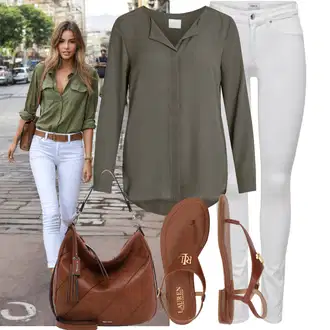 90-ich, Stil Outfit sa Tamnozelena/Kaki/Siva/Smeđa Bluza s gumbom/Duga Bluza/Bluza Dugih Rukava/Tunika Majica/Slip-on Bluza/Bluza s Podignutim Ovratnikom/Svilena bluza/Poslovna Bluza/Bodija Bluze/Jednobojna Bluza/Kožna jakna/3/4 Bluza Vila "Praktičan look"Look: klasický, Lagano, Stil