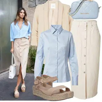 A-kroj Outfit sa Bež/Bijela/Kaki Suknja/Kratke hlače velike veličine/Hlača Velika Veličina/Haljina Veći Broj B.young "Moderan outfit za slobodno vrijeme"Look: Stil, Rap, A-kroj, Boja, Old Money, Pomorski, Ured, Sveučilišna