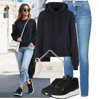 Outfit sa Crna/Tamnosiva/Tamnoplava Sweater majica Pieces "Dopadljivi outfit"