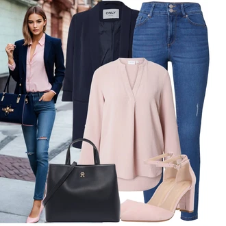 Outfit s Modrá/Tmavě Modrá Džíny s Dírou/Kožené Boty/Džíny s Rozparkem/Kožené bundy/Push up Džín/Kotníková Bota/High Waist Džínové Kalhoty/Kožená bunda/Zimní bunda/Dámské Džíny s Délkou 7/8 VERO MODA "Vzhled casual"