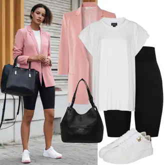 Outfit inspiracije 90-ich sa Bijela Ljetna tenisica/Tanka tenisica/Niska Tenisica/Kožna tenisica/Tenisica s platformom/Skate cipela "Moderan izgled s biciklističkim hlačama i sakoom"Look: klasický, Skater, Sportski, Steampunk, Hip Hop, Retro, Estetika, 90-ich