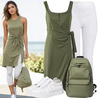 Green Outfits Estetski mit Bela/Bež/Rjava/Krem/Khaki/Zelena Usnjene superge/Superge Nizka/Ozka superga/Superge Luknjasta/Poletne superge Furla "Moderen outfit z poletno obleko in legicami"Look: Unisex, Transparent, Estetski, Lak, Eleganten, Priložnostne, Modna, Safari, Športno, Džungla