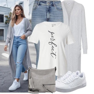 Outfit sa Siva/Svjetlosiva Pletivo Veći Broj/Kaput/Tunika/Haljina Veći Broj Noisy may "Neutralni look za svaki dan"