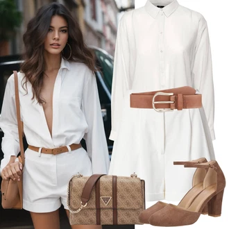 Outfit s Krémová/Bílá/Béžová Vysoký pas kraťasy/Chino kraťasy/Bermuda/Šortky/Lněný kraťas/Papírové Šortky/Mušelínové Šortky hoermanseder x about you "Stylová letní nálada"