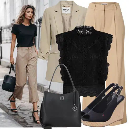 Kombinace Béžová/Khaki Široká Kalhoty/Mušelínové Kalhoty/Palazzo Kalhoty/Paperbag Kalhoty/Kalhoty se Štěrbinou/Kalhoty s Vysokým Pasem/Marlene Kalhoty Edited kombinovat s Černá/Hnědá Krajkový Top/Krajkované tričko/Krajkový Top/Halenka Bez Rukávů Only