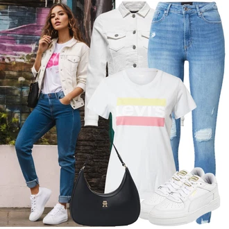 Móda pro plnoštíhlé Outfit s Šedá/Krémová/Bílá/Světle šedá Džínové Bund/Krátký Bund/Letní Bund/Košilová bunda/Krátký Bund/Krátké Džínové Bundičky Only "Moderní outfity"