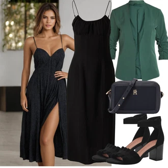 Outfit s Černá/Tmavě šedá/Bílá Podvazkové šaty/Šaty S Rovným Střihem/Šaty Na Ramínko/Midi Šaty/Šaty v Délce do Lýtka/Šaty na tenké ramínko Edited "Stylová letní nálada"