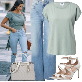 90-ich Outfit sa Svjetloplava Bootcut Hlača/Hlače s Prorezom/Lepršave Hlača/rupa hlača/Boyfriend Hlače/Zvonaste Hlače/Široka Hlača about you x toni garrn "Moderni proljetni outfit"Look: Stil, Rap, GoGo, 90-ich, 70-ich, Bad Taste