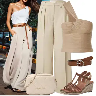 Elegantní Outfit s Béžová/Khaki Kalhoty s nášivkou uprostřed/Culotte Kalhoty/Kalhoty s Vysokým Pasem/Marlene Kalhoty/Plisovaná Kalhoty/Plisovaná kalhoty Leger by Lena Gercke "Překrásné jarní outfity"Look: 90tá léta, Elegantní, Kancelář, Old Money, Univerzitní