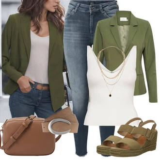 se suchým zipem Outfit s Béžová/Tmavě zelená/Khaki Korkový sandál na klínku/Bota Na Klínku/Espadrille sandál/Sandál na klínku/Letní Bota/Espadrilka s klínovým podpatkem Tom Tailor "Outfit na léto"