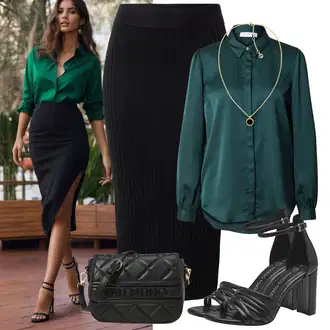 Outfit s Zelená/Tmavě zelená/Tyrkysový Saténová Halenka/Blůza s knoflíčkem/Hedvábná Halenka/Halenka se Stojatým Límcem Vila "Stylová letní nálada"