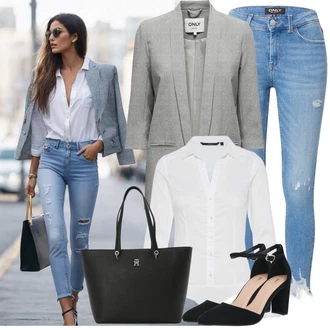 Outfit s Světle modrá/Modrá Kožená bunda/Push up Džín/Kotníková Bota/Capri Džíny/Džíny s Rozparkem/Zkrácené Džíny/Dámské Džíny s Délkou 7/8/Kožené bundy/Navlékací džíny/Džíny s Dírou Only "Obchodní Outfit"