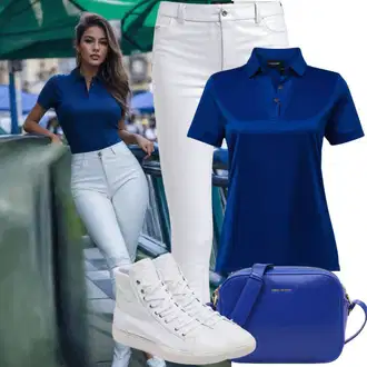 Kombinacije za golf Zima sa Bijela Platnena tenisica/Tenisica s platformom/Tenisice s patentnim zatvaračem sa strane/Tanka tenisica/Zimske tenisice Converse "Neobična odjevna kombinacija s kožnim hlačama i polo majicom"