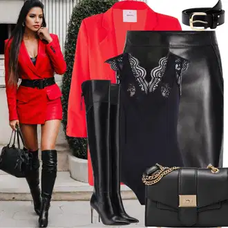 Outfity pro operu Kancelář Pracovní s Červená Kožená bunda pro muže/Blejzrové Bund/Oversize Sako/Bavlněný Sako/Kožená Pánská Bund/Elegantní Sako/Boyfriend Sako/Kožená bunda/Krátké Sako VERO MODA, Černá/Hnědá Taška/Klasická Taška Přes Rameno/Brašna/Sportovní Taška Přes Rameno About You "Odvážný Sexy Outfit"Look: Lehký, Business, Kancelář, Old Money, Elegantní, Klasické, Pracovní, Rad, Šik, Cool, Vintage, Volný čas, Jízda na koni
