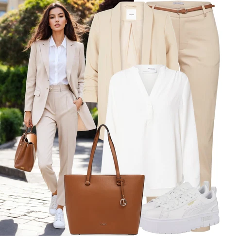 Kombinace Bílá/Krémová Blůza s knoflíčkem/Halenka se Stojatým Límcem/Halenka s Dlouhým Rukávem/Oversize Halenka/Slip-on Halenka Selected kombinovat s Béžová/Khaki Kalhoty s Vysokým Pasem/Skinny Kalhoty/Obleková Kalhoty/Business Kalhoty/Twillová Kalhoty/Úzká Kalhoty/Ležérní Kalhoty/Kalhoty se Štěrbinou B.young