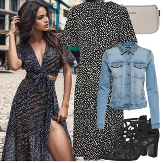 Outfity pro léto s Černá/Bílá/Zelená/Tmavě šedá Košilové šaty/Šaty s puntíky/Šaty v Délce do Lýtka/Midi Šaty/Žerzejové Šaty/Zavinovací Šaty/Šaty S Potiskem/Občanské šaty/Šaty Niki Pieces "Outfit na léto"