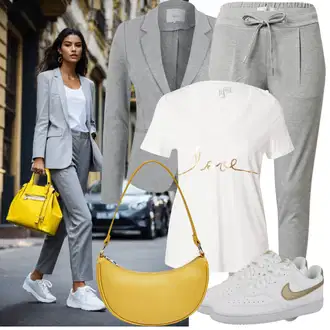 Outfit sa Bijela/Plava/Krem/Zlatni Kožna Tenisica/Niska Tenisica/Skate cipela/Tanka Tenisica/Vintage Tenisica Nike Sportswear "Opušteni izgled"