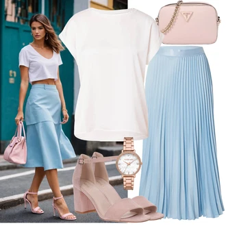 Elegantní Outfit s Světle modrá/Modrá Plisovaná sukně/Křesťanská Sukně/Sukně Pro Svatebního Hosta/Italská Sukně/Vintage sukně maxi/Dlouhá Sukně/Sukně Pro Matriku yas "Moderní outfity"Look: Emo, Lesk, Business, Elegantní, Krásný, Old Money, Romantický, Retro
