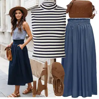 Outfit s Šedá/Tmavě modrá/Modrá Sukně Pro Matriku/Dlouhá Sukně/Sukně do Délky Lýtka/Sukně Pro Svatebního Hosta/Elastická Sukně/Maxi sukně/Vintage sukně maxi Only "Moderní outfity"