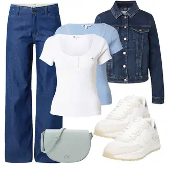 90. leta, Stil outfit mit Modra/Temno modra/Svetlo modra Usnjena Moška Jakna/Formalna Srajca/Široke Kavbojke/Culotte Kavbojke/Šiškata Kavbojka/Široke Kavbojke G-Star Raw "Pomladanski Outfit"Look: Stil, Delovna oblačila, Stari denar, 70. leta