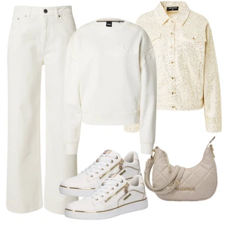 outfit mit Bela/Khaki/Krem/Bež/Oranžna/Zlati Kratka Jakna/Srajčna jakna/Bouclé Jakna/Vintage Jakna/Jacquard Jakna/Poletna jakna/Jakna srajka/Rebrast Žamet Jakna PATRIZIA PEPE "Pomladanski Outfit"