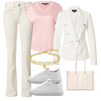 Visok pas outfit mit Bela/Bež/Khaki/Škrlatna/Krem Kavbojka z Nizkim Pasom/Moška majica/Ravne Kavbojke/Odrezane Kavbojke/Kavbojke z Razporkom/Kavbojka z Nizkim Pasom Herrlicher "Pomladanski Outfit"