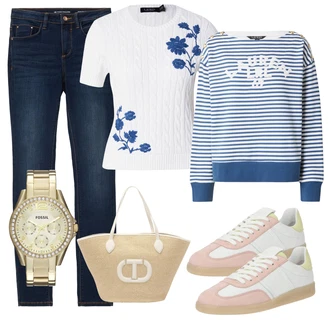 Visok pas outfit mit Temno modra/Svetlo modra/Roza/Modra Ženske 7/8 Kavbojke/Gležnarji/Capri Kavbojke/Športni čevlji/Odrezane Kavbojke/Girlfriend Kavbojke/Regular Fit Kavbojke/Ozke Kavbojke/Ravne Kavbojke/Usnjene Čevlje/Termodžinsi/Zimska jakna Tom Tailor "Pomladanski Outfit"