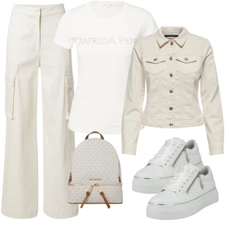outfit mit Bež/Bela/Khaki Hlača z Razporkom/Cargo trenirke/Široka Hlača/Paperbag Hlača/Tesarska hlača/Cargo Hlače/Hlače iz muslina Edited "Pomladanski Outfit"