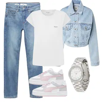 outfit mit Svetlo Modra/Modra Denim Jakna/Crop Jakna/Kratka Jakna/Kratka Denim Jakna/Vintage Jakna Abercrombie & Fitch "Pomladanski Outfit"