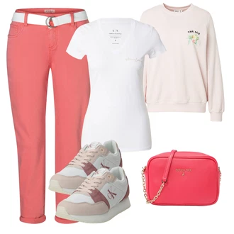 Badminton outfit mit Krem/Bela/Rdeča Srajca & majica velike velikosti/Bluza velika velikost Armani Exchange "Pomladanski Outfit"Look: Tenis, Badminton, Nordijska hoja
