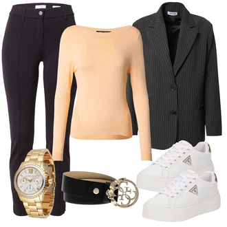 outfit mit Črna/Bež/Bela Klasični pasovi/Ženski Pas brez Zaponke/Širok pas/Usnjeni pas/Sproščeni pas/Pasni pas Guess "Pomladanski Outfit"