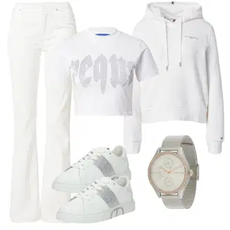 90. leta, Stil outfit mit Bela/Krem/Khaki Moška majica/Široke Kavbojke/Šiškata Kavbojka Rag & Bone "Pomladanski Outfit"Look: 70. leta, Stil, Premij, Stari denar
