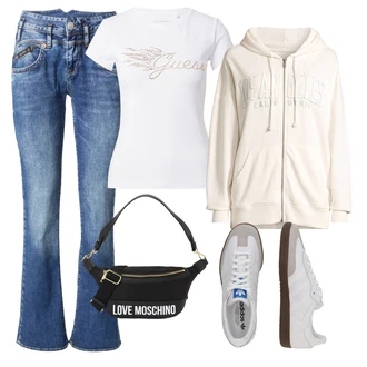 Visok pas outfit mit Modra/Svetlo modra Kavbojke z Razporkom/Moška majica/Kavbojka z Nizkim Pasom/Odrezane Kavbojke/Šiškata Kavbojka/Kavbojka z Nizkim Pasom "Pomladanski Outfit"