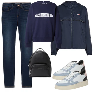 Visok pas outfit mit Temno modra/Svetlo modra/Roza/Modra Ženske 7/8 Kavbojke/Gležnarji/Capri Kavbojke/Športni čevlji/Odrezane Kavbojke/Girlfriend Kavbojke/Regular Fit Kavbojke/Ozke Kavbojke/Ravne Kavbojke/Usnjene Čevlje/Termodžinsi/Zimska jakna Tom Tailor "Pomladanski Outfit"