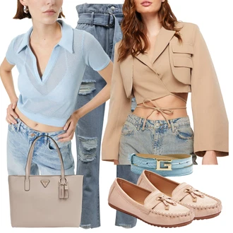 outfit mit Svetlo modra Klasični pasovi/Sproščeni pas/Ženski Pas brez Zaponke/Usnjeni pas Guess "Pomladanski Outfit"