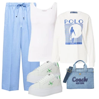 outfit mit Črna/Bela/Krem Klasična Dolžina/Grafična majica/Moški čevlji/Top brez rokavov/Majica brez rokavov Marc O'Polo "Pomladanski Outfit"