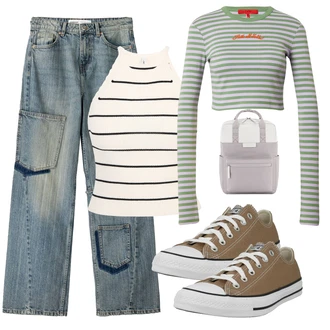 Široke hlačnice outfit mit Svetlo modra/Zelena/Modra Kavbojke Moška Usnjena Jakna/Vintage Kavbojke/Dad Kavbojka/Cargo Kavbojke/Kavbojke z Razporkom/Patchwork Kavbojke/Baggy Kavbojke/Kavbojke z Luknjo/Široke Kavbojke bershka "Pomladanski Outfit"