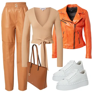 Jesen outfit mit Rjava/Bež/Oranžna Hlače iz Imitacije Usnja/Usnjena Hlača/Pajkice Usnjena pajkica/Korenčkove Hlače katy perry exclusive for about you "Pomladanski Outfit"