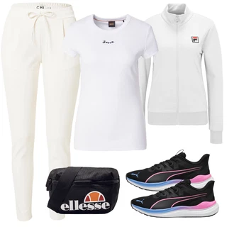 outfit mit Krem/Rdeča/Siva/Bela/Svetlo siva/Srebrna Jopica Podložen pleteni jopič/Kardigan s stoječim ovratnikom/Bombažna Jopica Fila "Pomladanski Outfit"