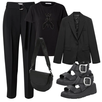 outfit mit Črna/Krem/Bež Poletni Čevelj/Rimski sandal/T-pašček-Sandal/Zaprta sandala/Sandala z visokim gležnjem/Sandala Udobna/Čevelj s trakom/Veganski čevelj/Sandala s platformo/Sandala z zapiranjem na ježka/Ribiška sandala "Pomladanski Outfit"