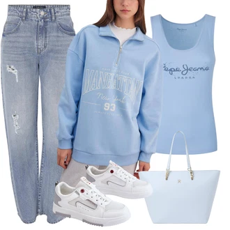 outfit mit Svetlo modra/Modra/Turkizna Top brez rokavov/Majica brez rokavov/Športna majica brez rokavov/Grafična majica Pepe Jeans "Pomladanski Outfit"