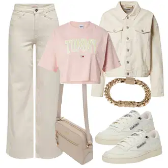 90. leta, Stil outfit mit Bež/Khaki Kavbojke z Razporkom/Široke Kavbojke/Culotte Kavbojke/Široke Kavbojke Only "Pomladanski Outfit"Look: Stari denar, Stil