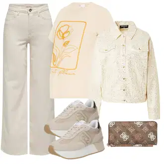 90. leta, Stil outfit mit Bež/Khaki Kavbojke z Razporkom/Široke Kavbojke/Culotte Kavbojke/Široke Kavbojke Only "Pomladanski Outfit"Look: Stari denar, Stil