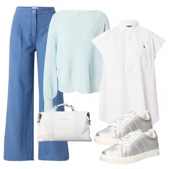 outfit mit Svetlo modra/Modra Svečani Hlačni Kostum/Eleganten hlačni kostim/Culotte Hlačke/Hlače z Visokim Pasom/Hlače iz muslina/Nagubane hlače/Hlača z Razporkom/Športno eleganten hlačni kostim/Moderni hlačni kostim/Razširjena Hlača/Široka Hlača/Hlačna Obleka za Poroko/Marlene Hlača/Palazzo Hlača "Pomladanski Outfit"