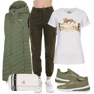 outfit mit Bela/Rjava/Zelena/Krem/Zlati Majica s kratkimi rokavi/Majica s potiskom/Casual Majica/Funkcijska Majica/Grafična majica/Lepa Majica/Športna majica Lonsdale "Pomladanski Outfit"