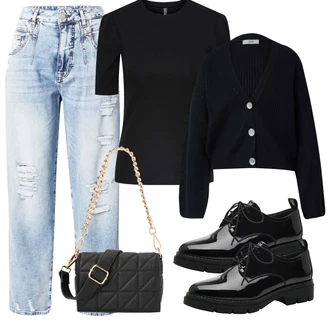 outfit mit Črna/Temno modra Majica s kratkimi rokavi/Pleteni vrh/Kratka majica/Funkcijska Majica/Moški tekaški copati/Majica Vrh/Srajca Carmen/Klasična Dolžina Pieces "Pomladanski Outfit"