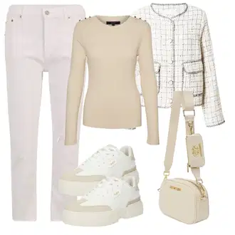 outfit mit Bela/Bež/Khaki/Krem Teddy Superga/Plato-Sneaker/Superge Nizka/Debele Superge Buffalo "Pomladanski Outfit"